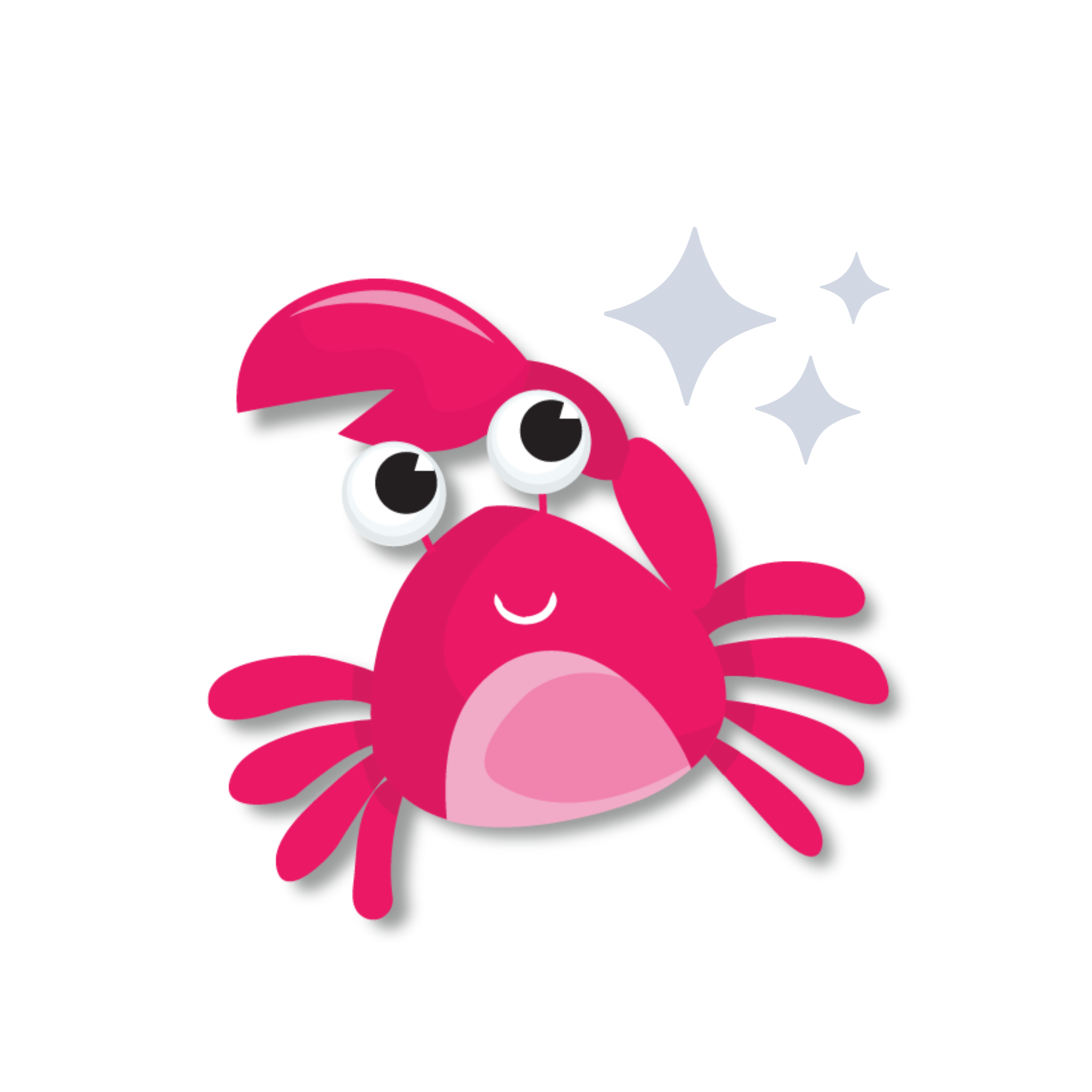 Image of cartoon pink crab with grey stars in top right corner